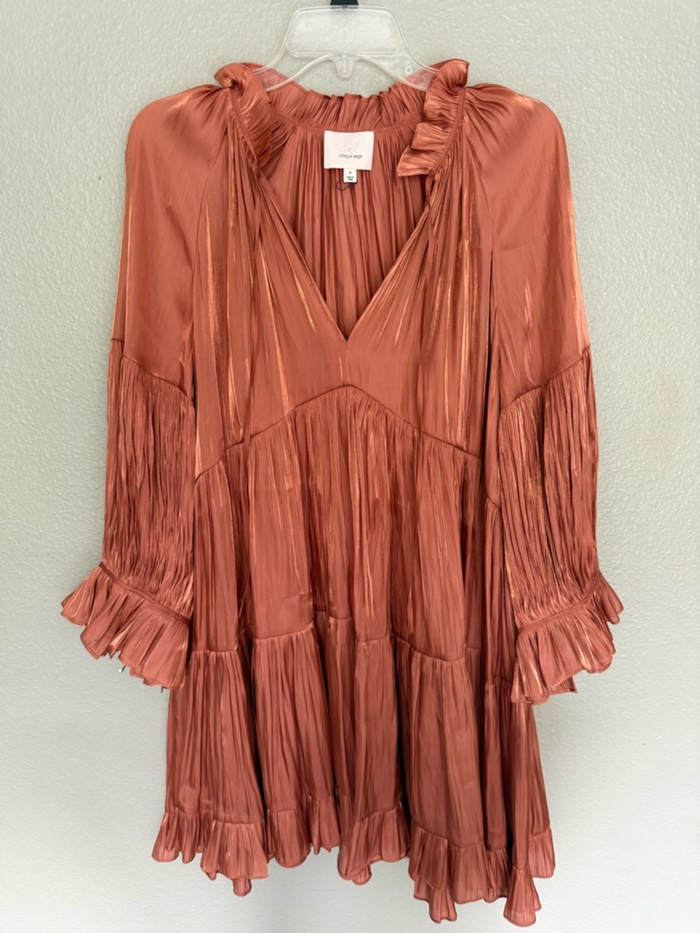 Cinq à Sept Rose Gold Pleated Ruffle Neck Dress - Picture 2 of 11